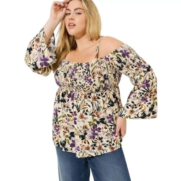 Torrid Size 0 Challis Smocked Cold Shoulder Floral 3/4 Bell Sleeve Blouse NWOT - Picture 1 of 9